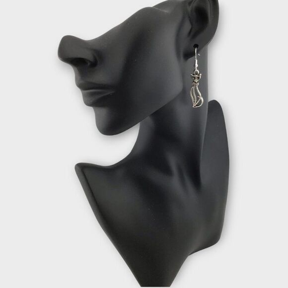 Silver Tone Cat Earrings 925 Sterling Silver Ear Wires - Picture 4 of 7